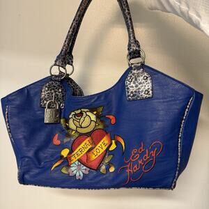 Vintage Ed Hardy Eternal Love Colorful Tattoo Design Black Purse Handbag Blue